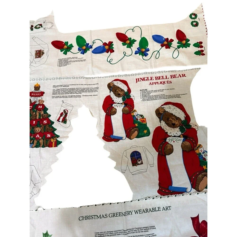 Vintage VIP Cranston Christmas Applique Fabric Remnants Bears Poinsettias